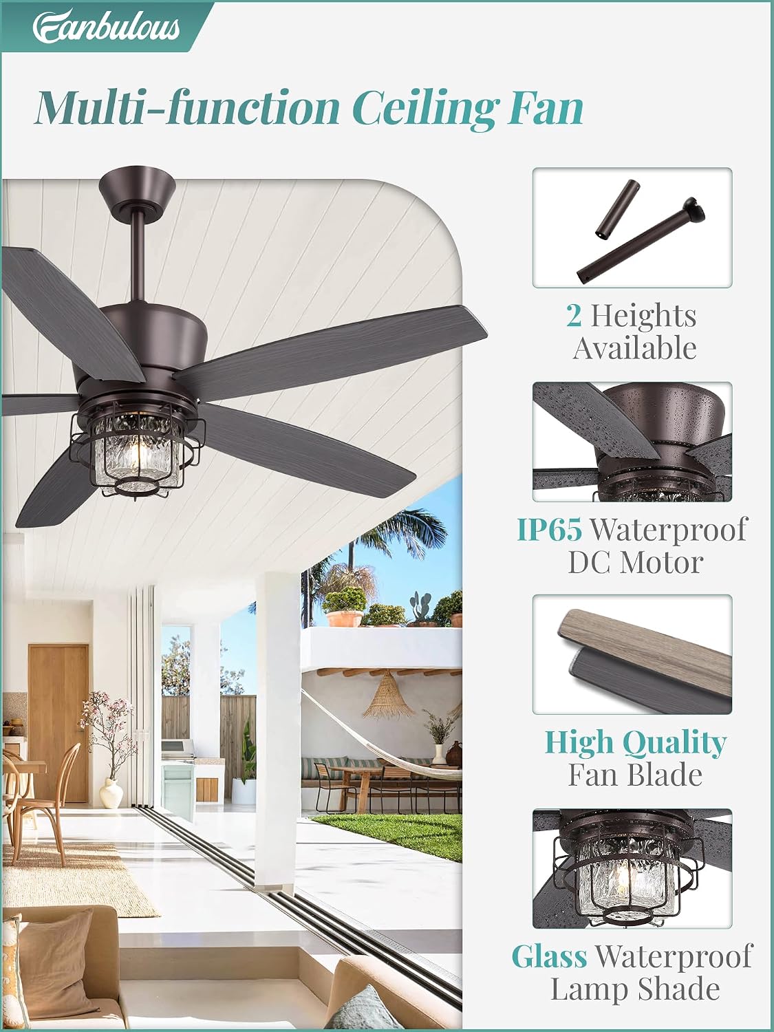Fanbulous 52' Outdoor Ceiling Fans with Lights and Remote Control,IP65 Wet Rated Waterproof Ceiling Fan with 6-Speed DC Motor, Farmhouse Gazebo Fan for Porch Patios Pavilion（Oil-Bronze）