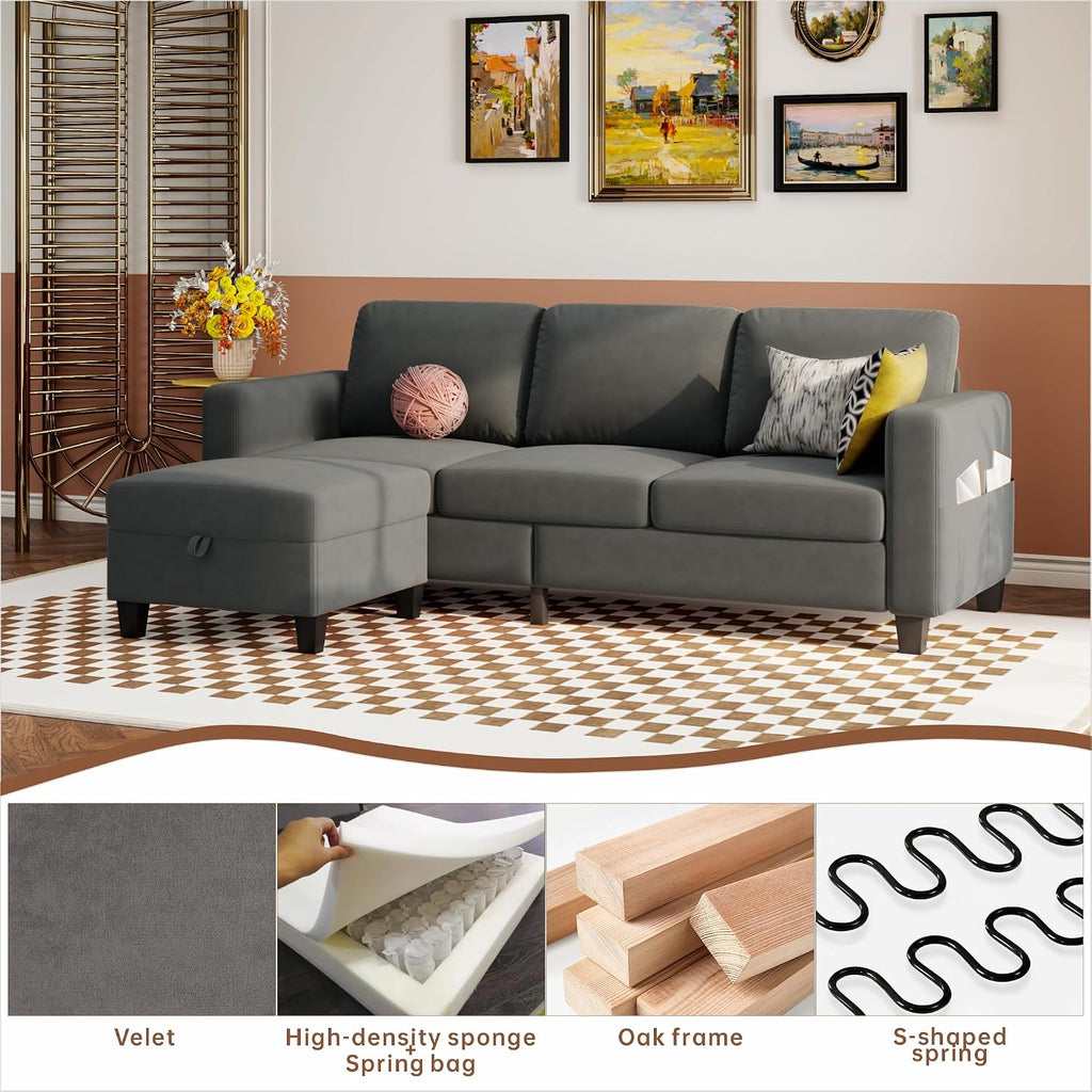 Youmumeub Sectional Couches for Living Room - Convertible Sofa and Storage Bench,79''Modern Corner Configuration,Suitable for Living Room, Apartment, Bedroom and Office-Blue-Gray | Washable Covers, Modular Sofa