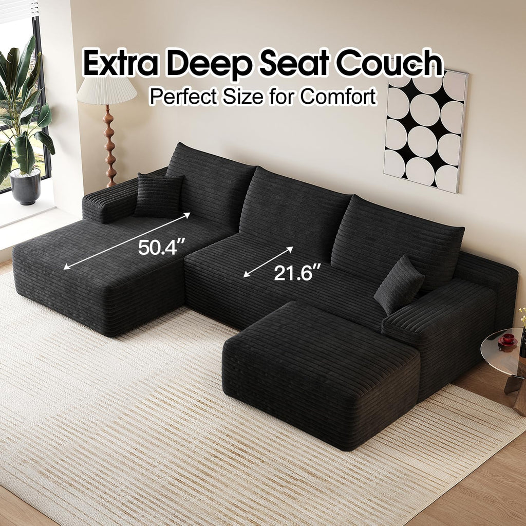 107' Comfy U-Shaped Sectional Modern Boneless Corduroy Couch with Chaise ‌and Ottoman‌ - No Assembly Required! Deep-Seat, Upholstered Modular Cloud Sofa for Living Room, Plush Corduroy Fabric(Black)