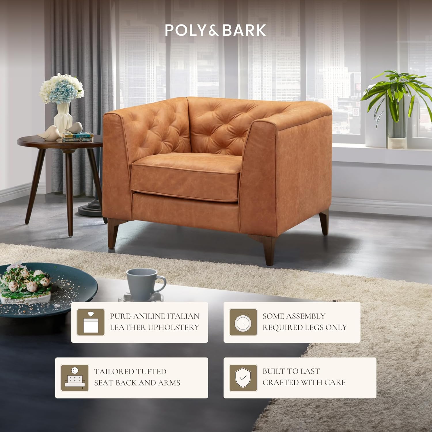 POLY & BARK Essex 40' Lounge Chair – Full-Grain Pure-Aniline Italian Leather, Tufted Back & Arms, Feather-Down Cushioning, Walnut Wood Legs - Cognac Tan