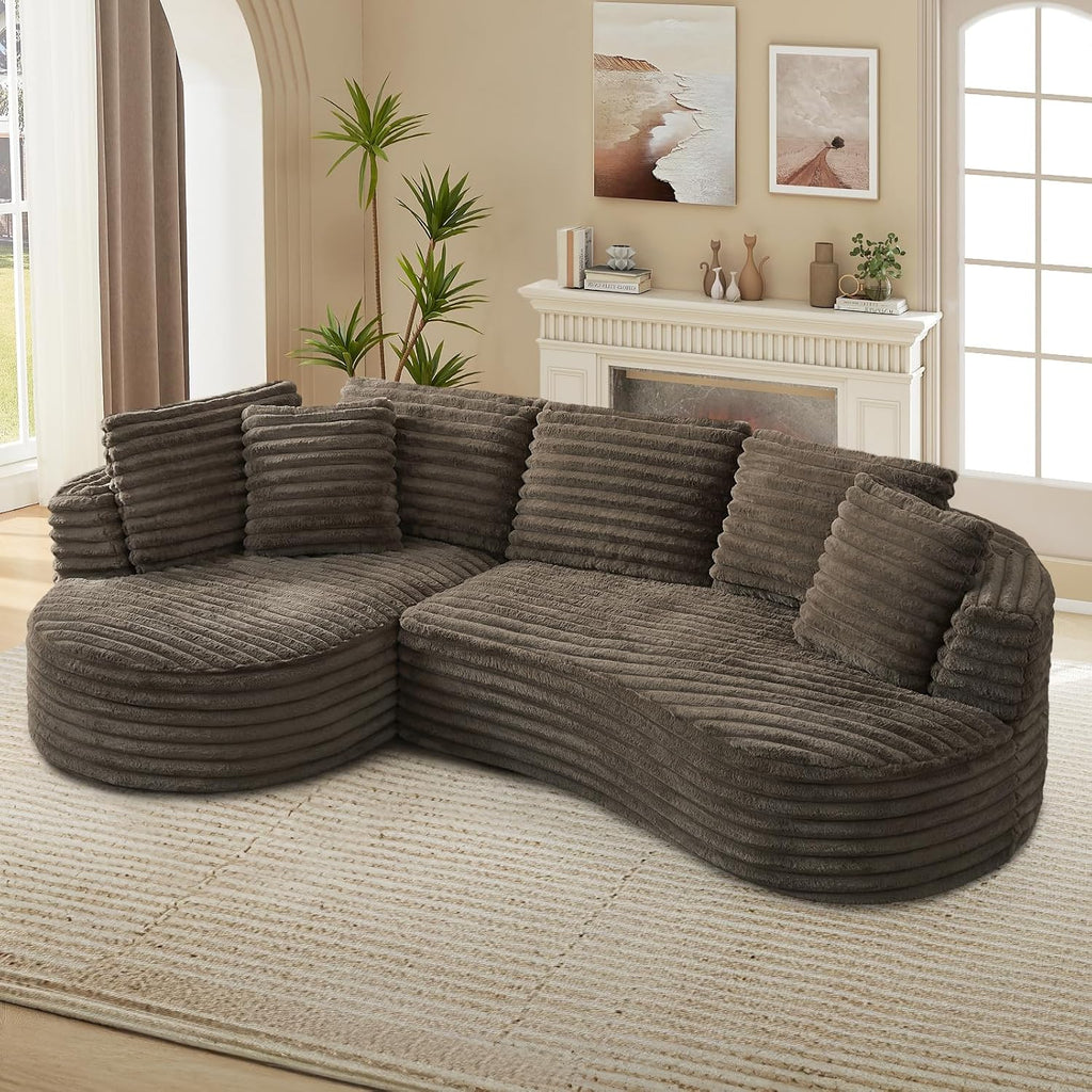 120'W Oversized Modern Curved Cloud Couch,Corduroy Modular Sectional Sofa with Chaise, L Shaped Boneless Couch, Compression Foam Sofa for Living Room Bedroom, No Assembly Required(Left Facing, Brown)