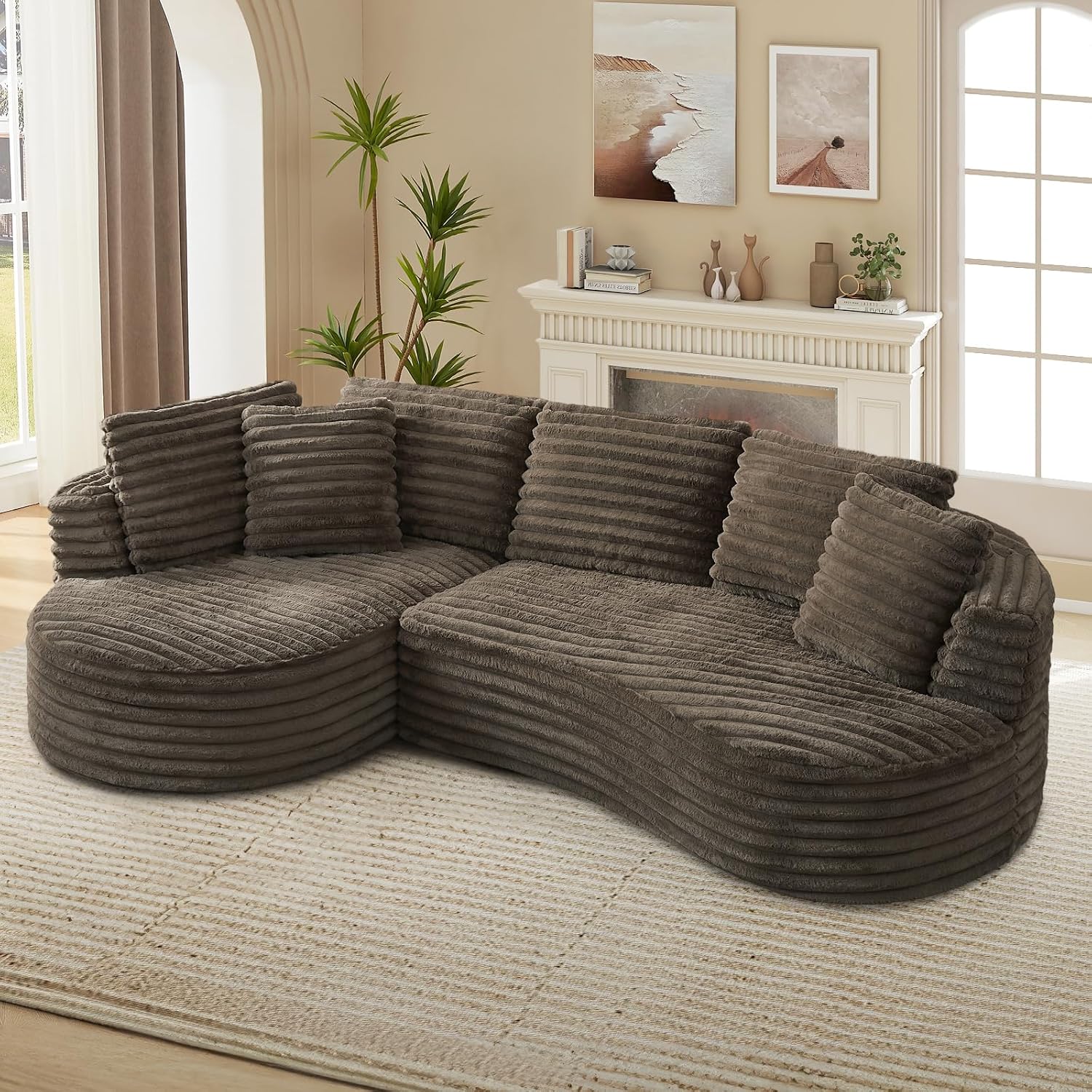 120'W Oversized Modern Curved Cloud Couch,Corduroy Modular Sectional Sofa with Chaise, L Shaped Boneless Couch, Compression Foam Sofa for Living Room Bedroom, No Assembly Required(Left Facing, Brown)