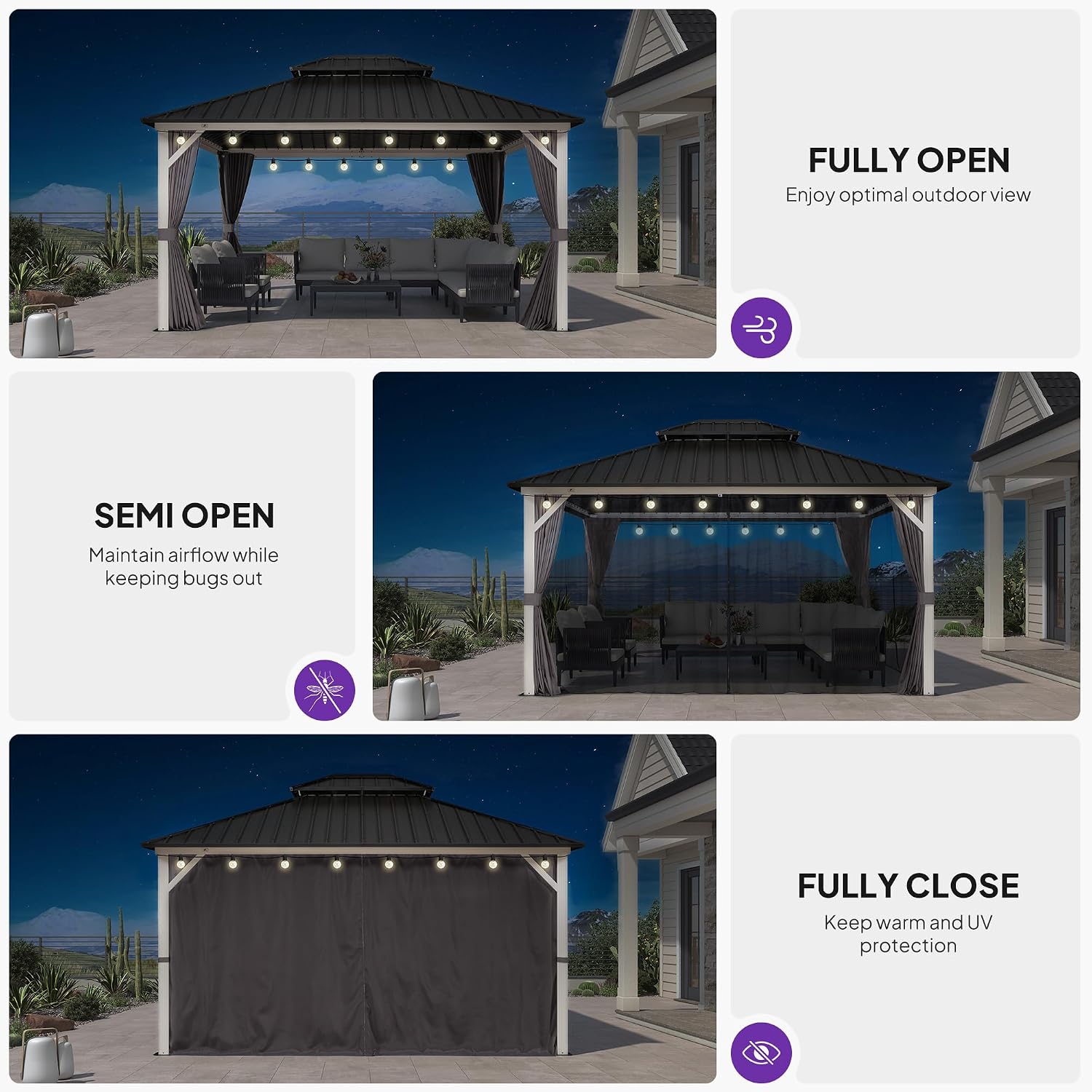 PURPLE LEAF 12' X 14' Outdoor Gazebo Galvanized Steel Double Roof White Aluminum Frame Hardtop Heavy Duty Gazebo with Curtain and Netting for Patio Garden and Backyard, Grey