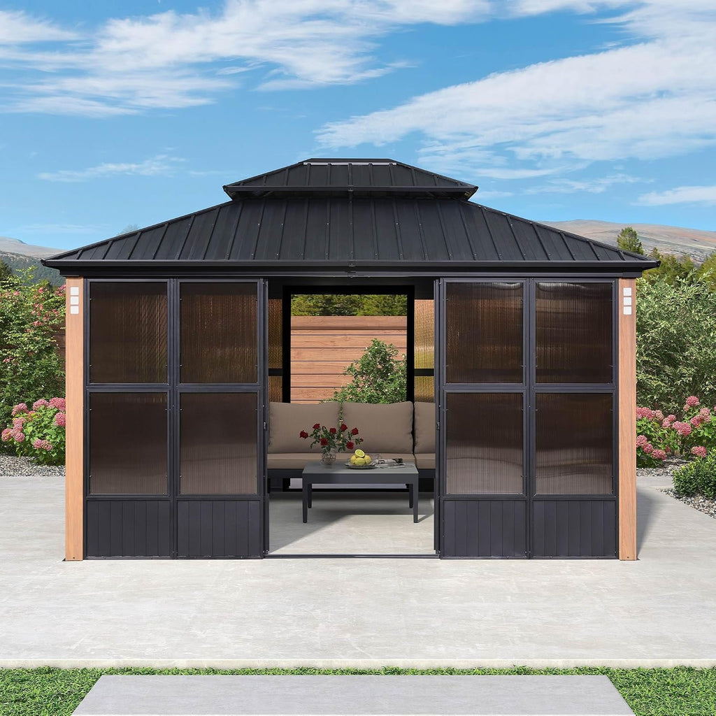 PURPLE LEAF 12' X 14' Patio Hardtop Gazebo Double Top Galvanized Steel Screen Aluminum Outdoor Solarium for Garden Backyard