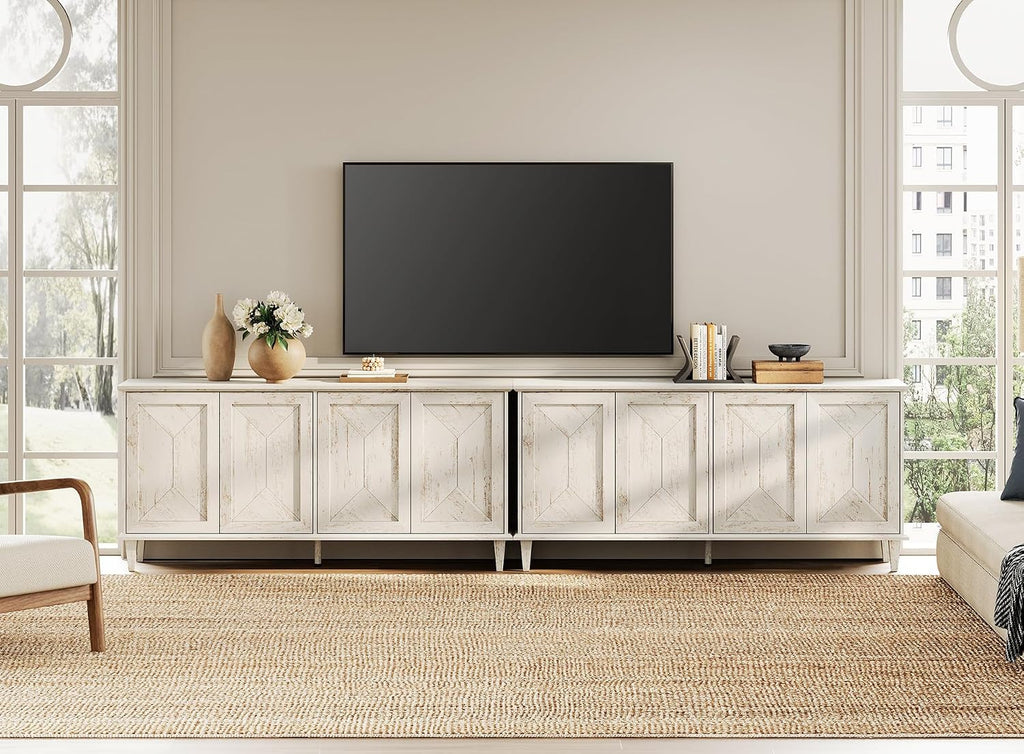 WAMPAT 130' Large Double Unit Entertainment Center TV Stand, Modern Farmhouse Console with Handcrafted Patchwork Doors, Massive Storage with Adjustable Shelves & Cable Management,Pale Oak