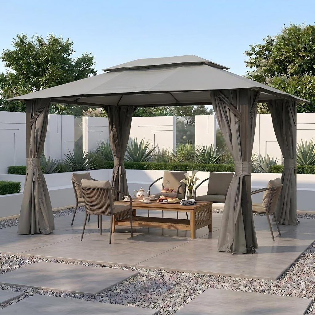 Domi 10'x13' Outdoor Gazebo for Patio, Soft Top Metal Gazebos with Double Roofs, Heavy Duty Party Tent with Mosquito Netting and Privacy Curtains for Backyard Garden Lawn Deck (Grey)