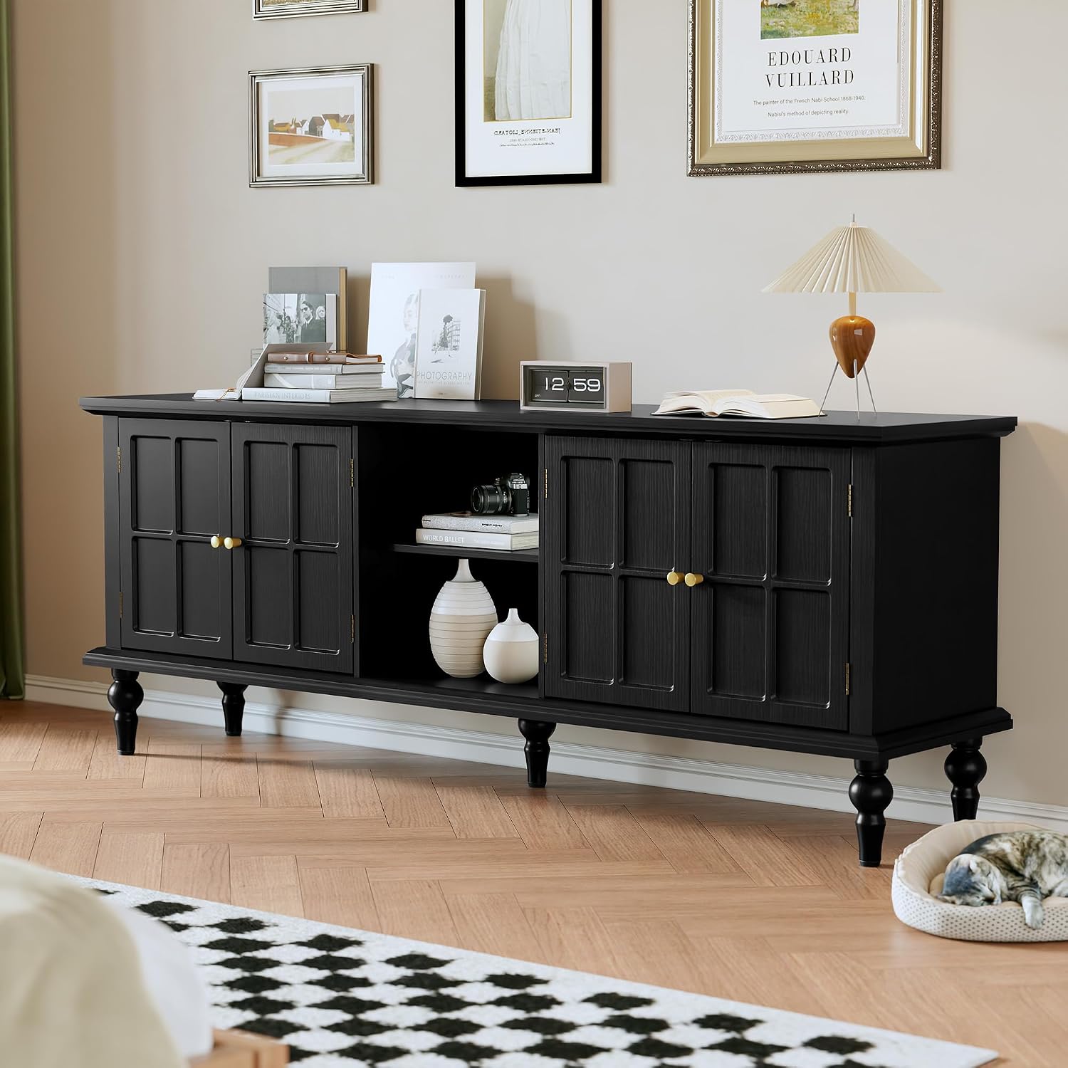 3More 67' Mid Century Modern TV Stand with Window Design,Wood Entertainment Center with Open Shelf,Up to 70' Media TV for Living Room or Bedroom,Black