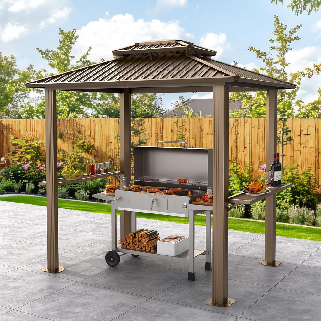 Hoteel 6x8 Hardtop Grill Gazebo, Outdoor Patio BBQ Gazebo with Galvanized Steel Double Roof, Hardtop Barbecue Canopy with 2 Side Shelves for Deck Lawn Backyard Garden,Brown