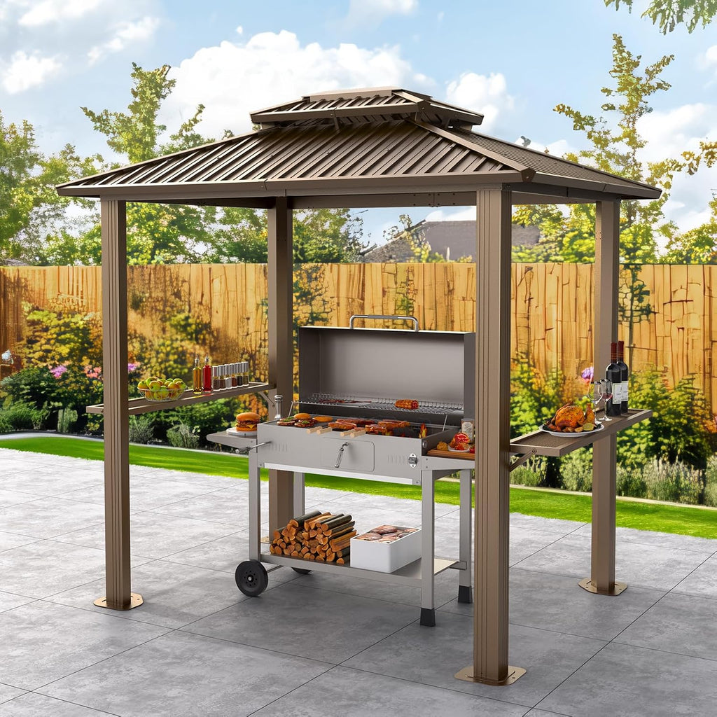 Hoteel 6x8 Hardtop Grill Gazebo, Outdoor Patio BBQ Gazebo with Galvanized Steel Double Roof, Hardtop Barbecue Canopy with 2 Side Shelves for Deck Lawn Backyard Garden,Brown