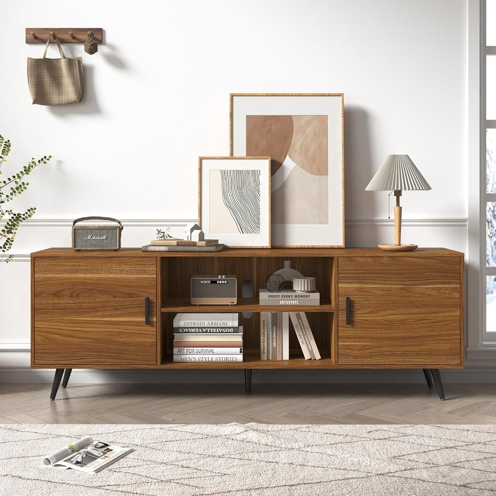 70 Inch Mid Century Modern TV Stand for 75 Inch TV, Wood TV Stand with Storage, Entertainment Center for Living Room Bedroom, TV Media Console, Walnut