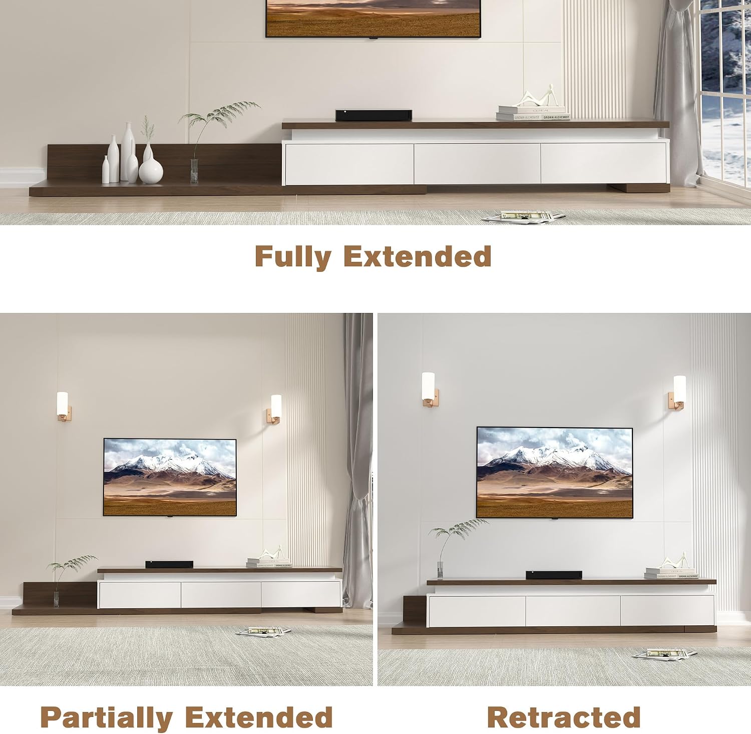 Betterhood Extendable TV Stand with LED Lights (80' - 106'), Wood Entertainment Center for Up to 120' TV, Modern Reversible TV Console with Three Drawers, Living Room, Bedroom (White)