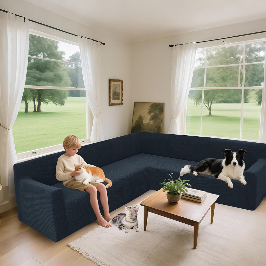Arfntevss Stretch Sectional Couch Covers L Shaped Corner Sectional Sofa Cover Washable Jacquard Soft Fleece U Shape Sofa Slipcovers Anti Slip Furniture Protector for Dogs Pets (X-Large, Dark Blue)