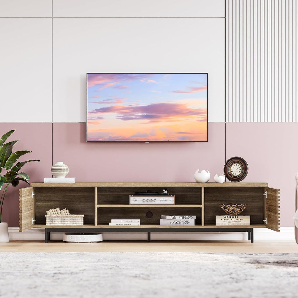 BELLEZE Fluted TV Stand for TV up to 75', Modern Entertainment Center with Storage Media Console Table with Cable Management, Wood TV Cabinet for Home Living Room Bedroom(Camel), 68'x15.6'x17.2'