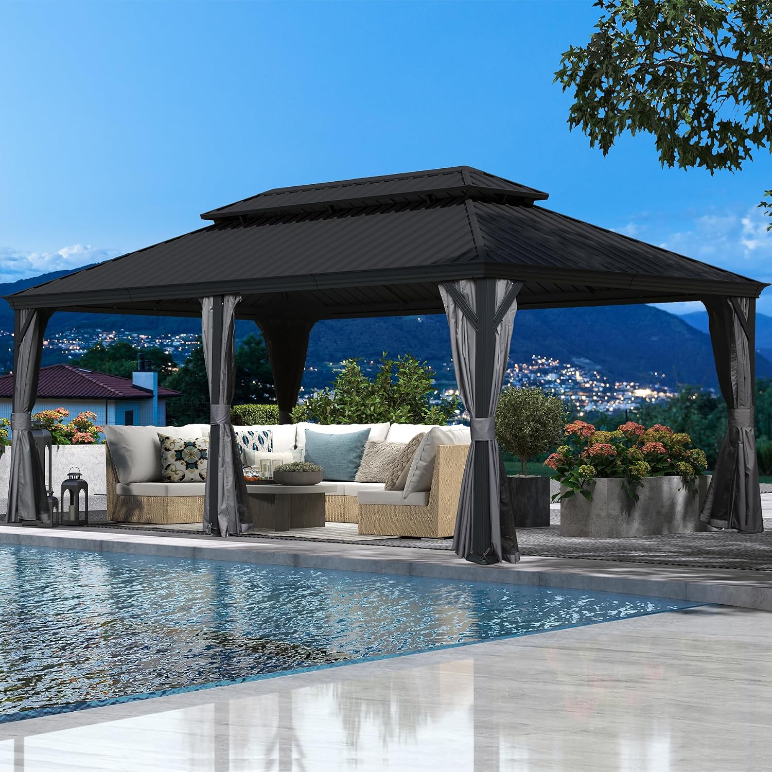 14' x 20' Outdoor Hardtop Gazebo with Gutters, Double Roof Galvanized Metal Gazebo for Backyard, Patio, Deck, Hot Tub, Heavy Duty Canopy Permanent Pavilion with Curtains and Netting, Grey