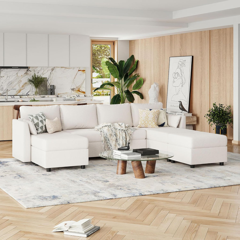 Modular Sectional Sofa, 7 Seat Sectional Couches with Storage, Memory Foam, Convertible Modular Couch for Living Room, L Shaped Comfy Modular Sofa with Chaise, Beige