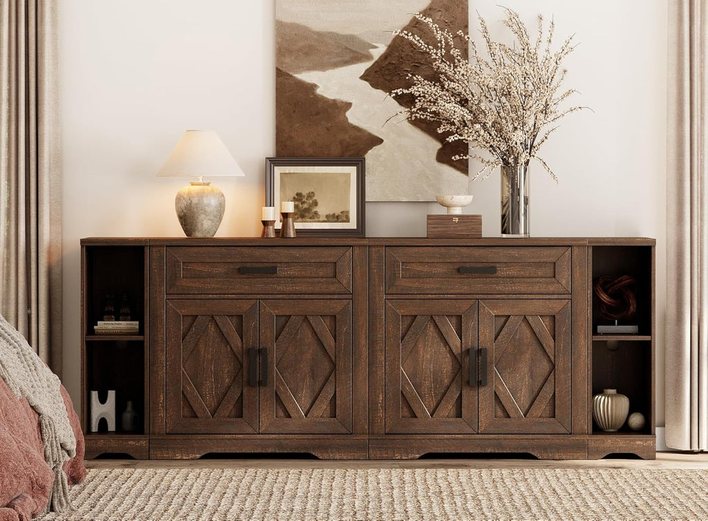 WAMPAT 82.7' W TV Stand for up to 95' TVs,Farmhouse Entertainment Center with Storage Barn Door Cabinet,TV Console Table with Media Cabinet and Drawers for Living Room,Bedroom,Dark Brown