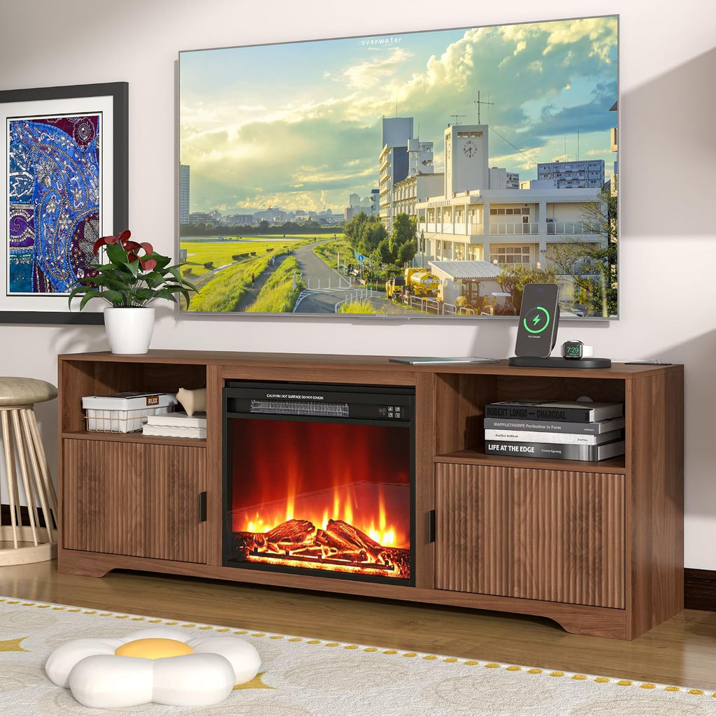 Fireplace TV Stand for Television up to 80 Inch,Entertainment Center with Adjustable Shelf,Mid-Century Modern Fluted TV Stand with 23' Electric Fireplace,Media Console for Living Room,Bedroom