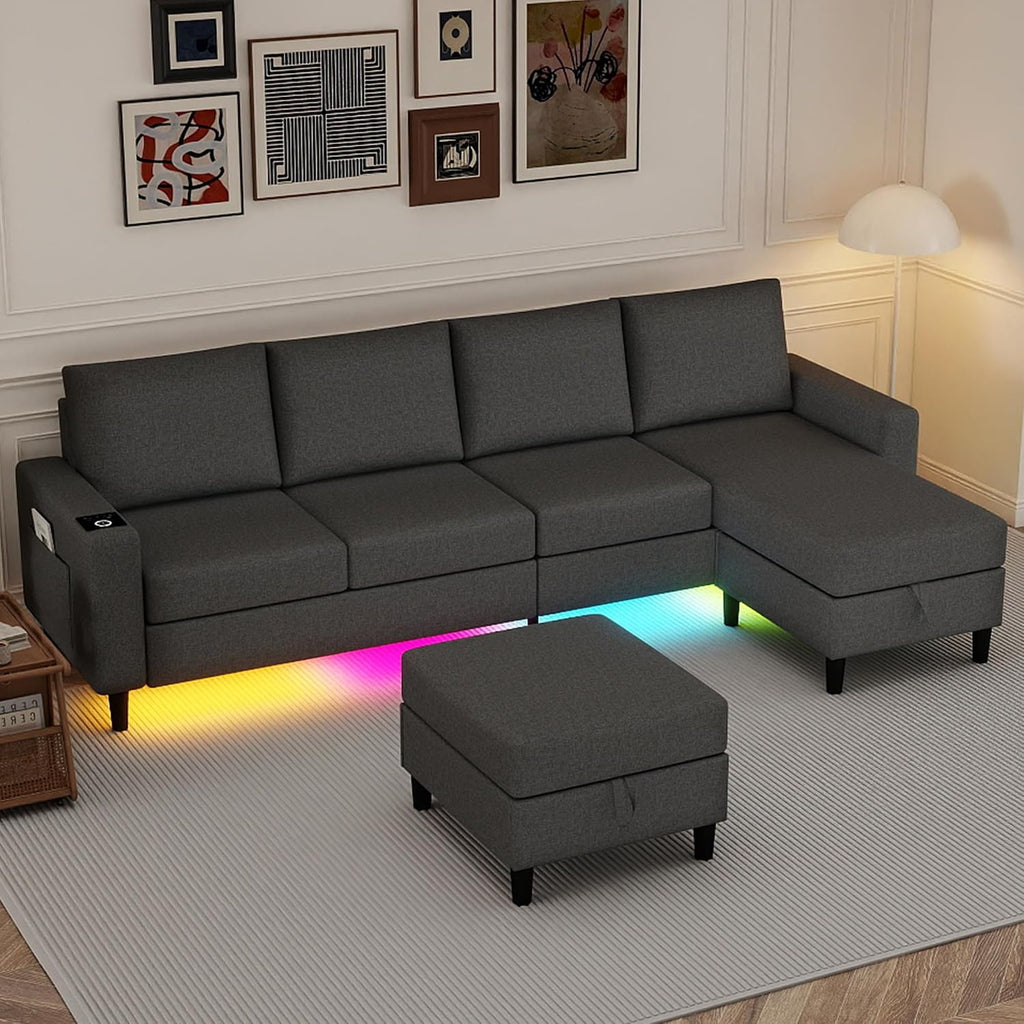 Sectional Couches for Living Room, 109' U Shaped Cloud Couch with Chaise Lounge/Storage Ottoman, 4 Seat Linen Sectional Sofa with Smart Module-Wireless Charging/USB/Type-C/RGB Lights (Dark Grey)