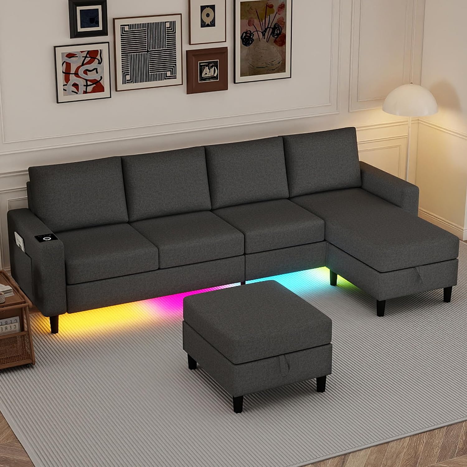 Sectional Couches for Living Room, 109' U Shaped Cloud Couch with Chaise Lounge/Storage Ottoman, 4 Seat Linen Sectional Sofa with Smart Module-Wireless Charging/USB/Type-C/RGB Lights (Dark Grey)