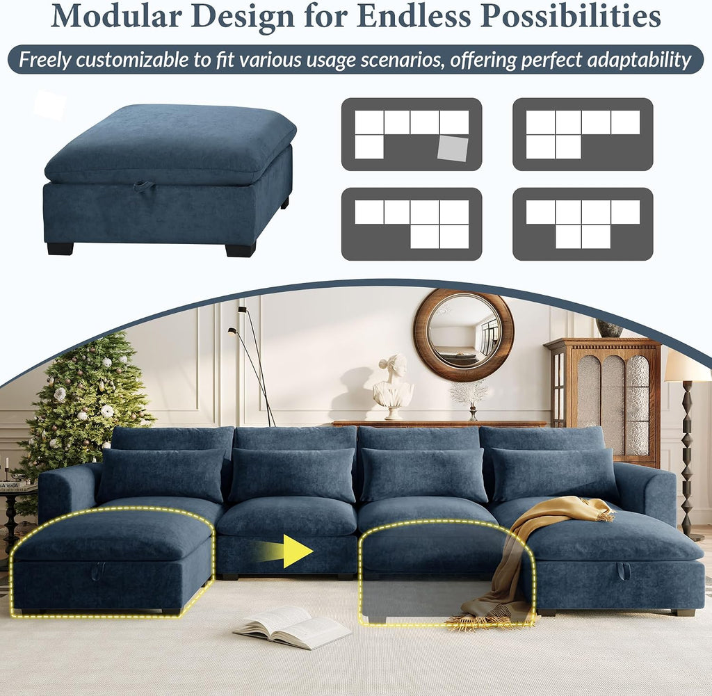 LUMISOL Sectional Sofa with Movable Ottomans, U-Shaped Linen Blend Fabric Couch with Storage Ottomans, 131.9' Upholstered Modular Sofa for Living Room Apartment, Blue