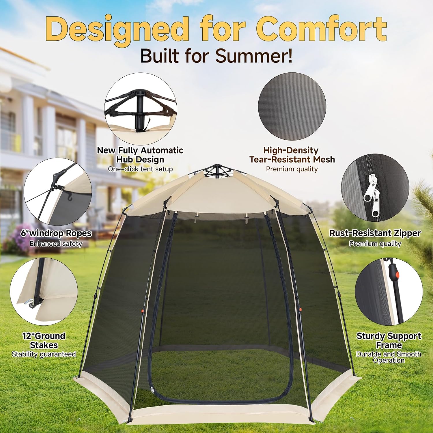 EighteenTek Screen House Gazebo, 2-4-6 Person Pop Up Screen Tent, Instant Screen Room with Carry Bag, Outdoor Mosquito Tent Pop-Up, Sun Shade Shelter for Patio, Garden, Backyard, Deck