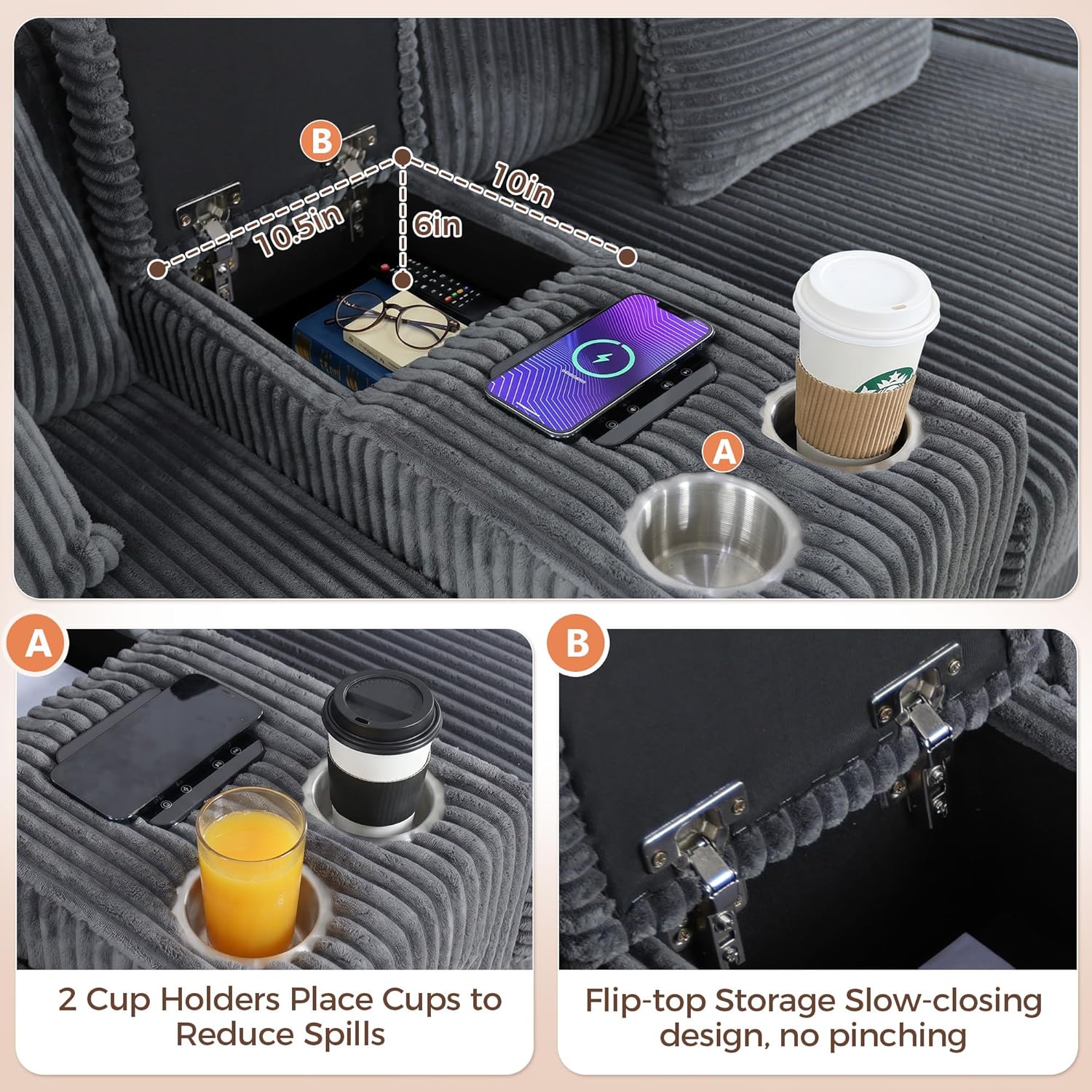 MAKIAAP 83' Corduroy Sectional Modular Couch with Speakers, Comfy Deep Seat Loveseat Sofa with Movable Ottoman, Console, USB Charger, Cup Holders, Storage for Living Room (Gray, 83in)