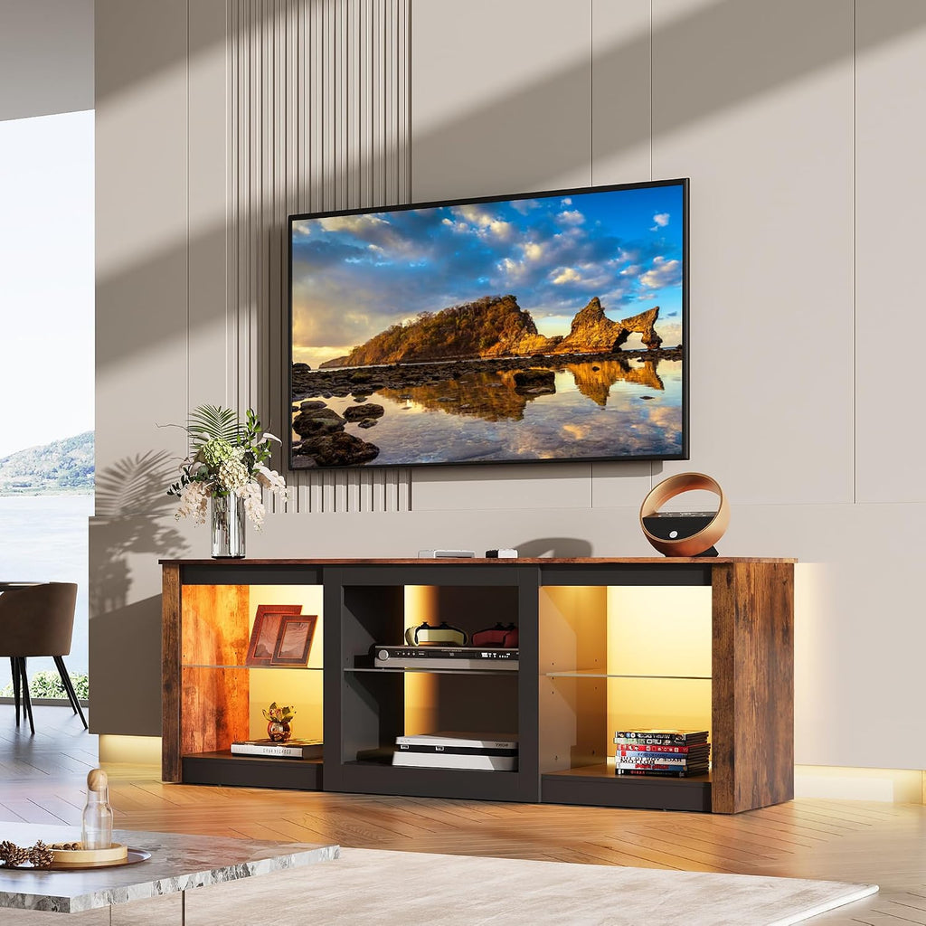 WLIVE Modern LED TV Stand for 65 70 Inch TV, 58' Entertainment Center with Adjustable Glass Shelves & RGB Lights, Wood Media Console Table for Living Room, Bedroom, Gaming Room, Rustic Brown