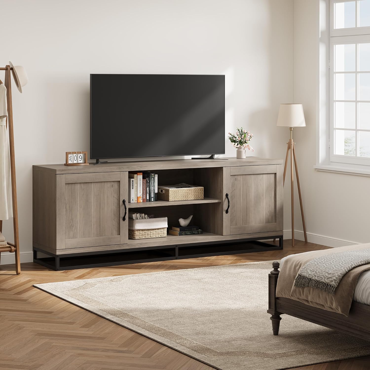 IDEALHOUSE Farmhouse TV Stand for Living Room, Entertainment Center with 2-Tier Adjustable Shelves & Metal Leg, Wooden TV & Media Console Table for 75 Inch with Storage Compartments, Gray