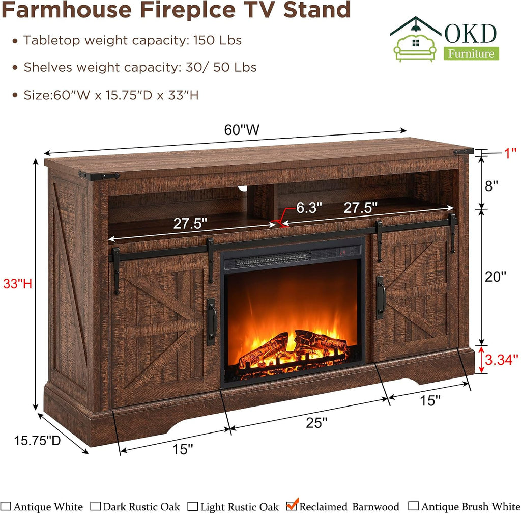 OKD Fireplace TV Stand for 65+ Inch TV, 33' Tall Highboy Farmhouse Entertainment Center w/ 23'' Electric Fireplace, Rustic Media Console w/Sliding Barn Door for Living Room, Reclaimed Barnwood Color