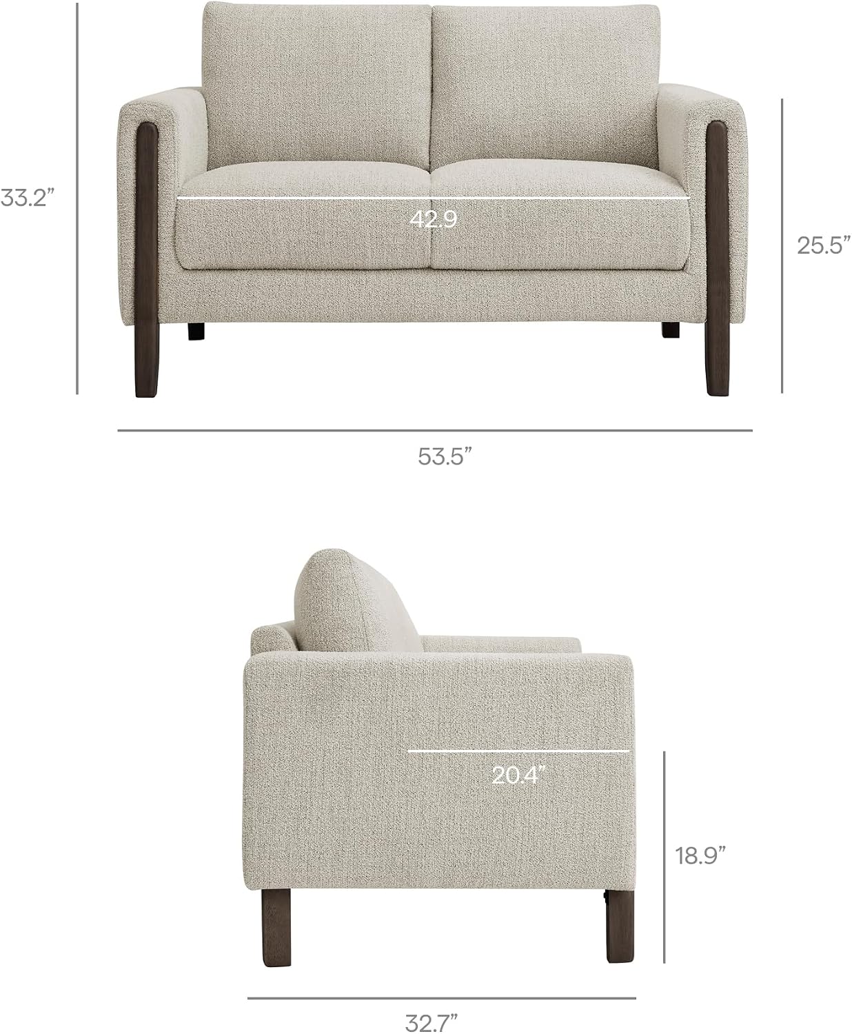 Modway Hawken 54 Inch Boucle Loveseat in Parchment Espresso with Wood Legs – Mid-Century Modern Small Space 2-Seater Sofa for Living Room, Bedroom, or Office Lounge