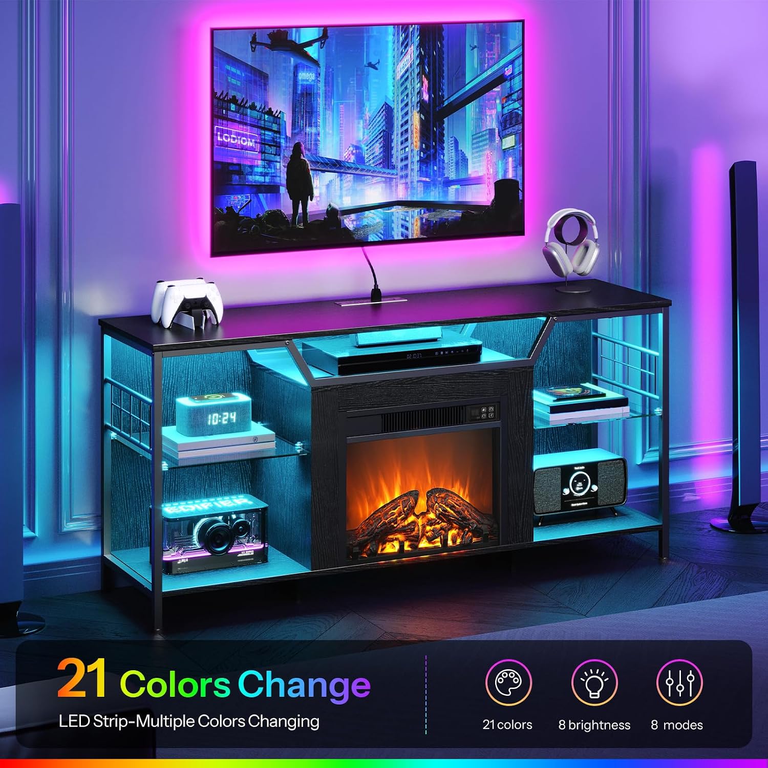 HOOBRO Fireplace TV Stand with LED Lights for TVs up to 65 Inch, Electric TV Stand with Fireplace with Charging Station, Entertainment Center with 18' Fireplace, Media TV Console, Black BB147UDDS01