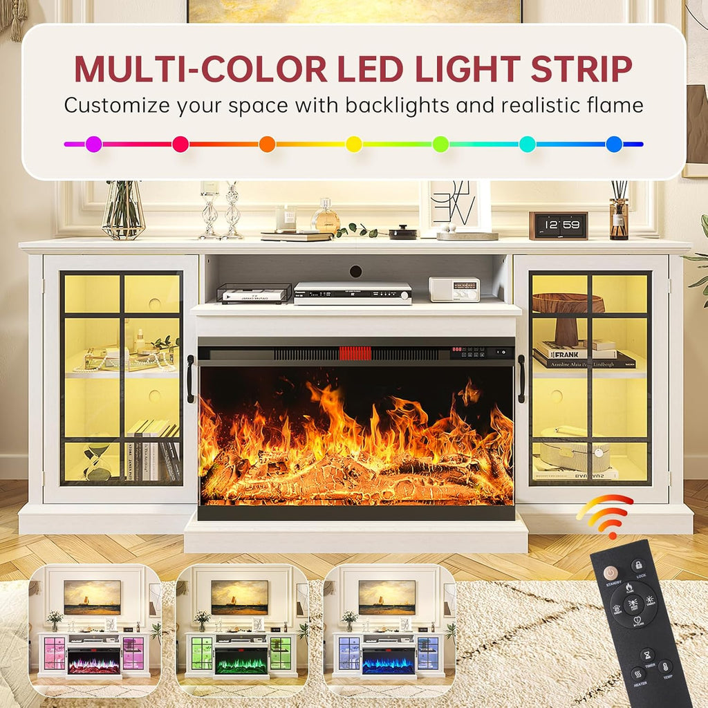 oneinmil 80'' Fireplace TV Stand with 3-Sided Glass, TV Cabinet for TVs up to 85', 80'' Modern Media Entertainment Center with Farmhouse Glass Door Storage Cabinets