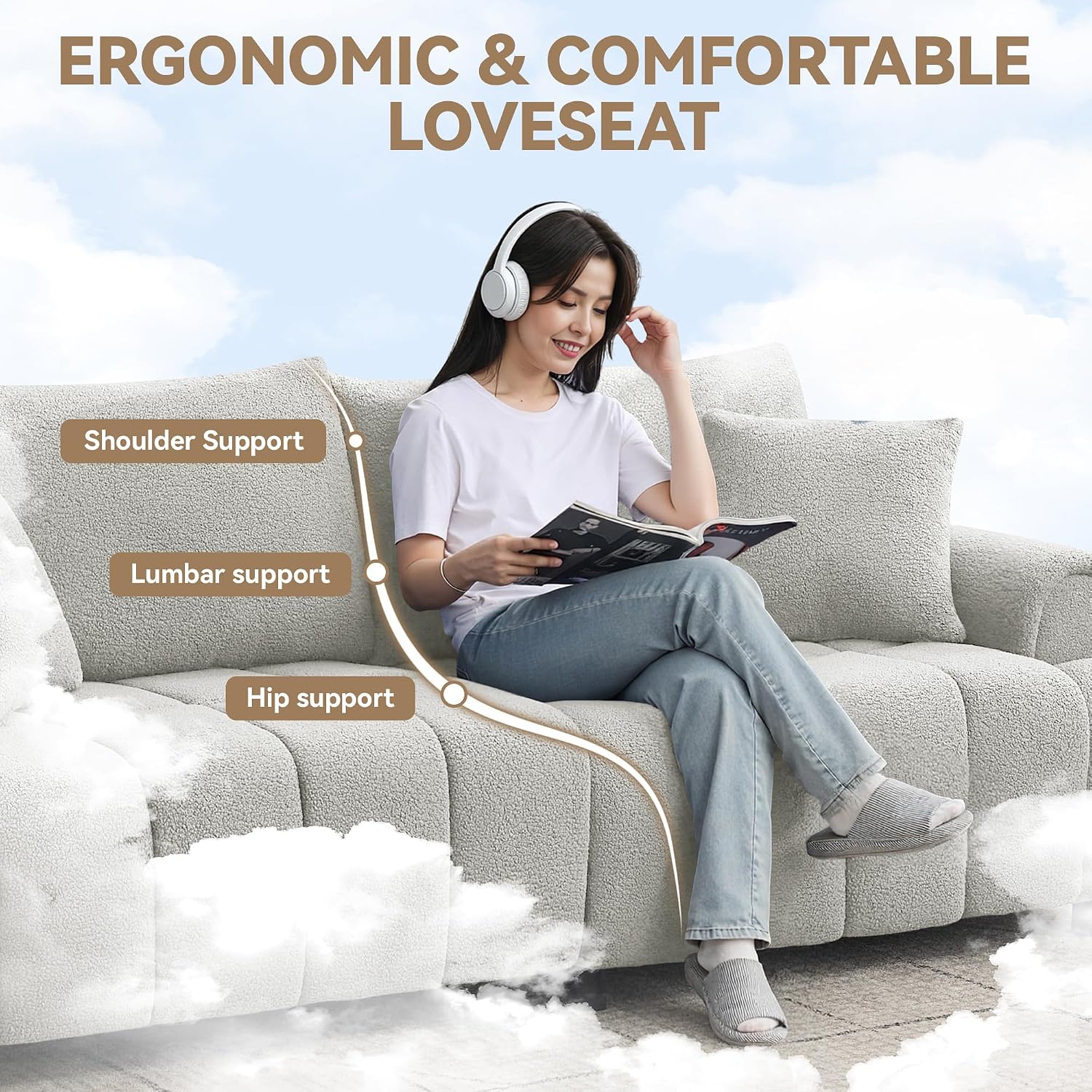 88 'Modern Boucle Sofa Couch, Oversized Comfy 3 Seater Sherpa Curved Sofas Deep Seat, Upholstered Loveseat Teddy Round Arm Couches for Living Room, Bedroom, Light Grey