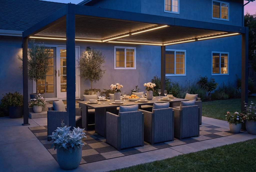 PURPLE LEAF Louvered Pergola 92KS 10' x 14' with Integrated LED Strip Lights Aluminum Outdoor Pergola with Adjustable Louvered Roof for Patio Deck Garden Yard Gray