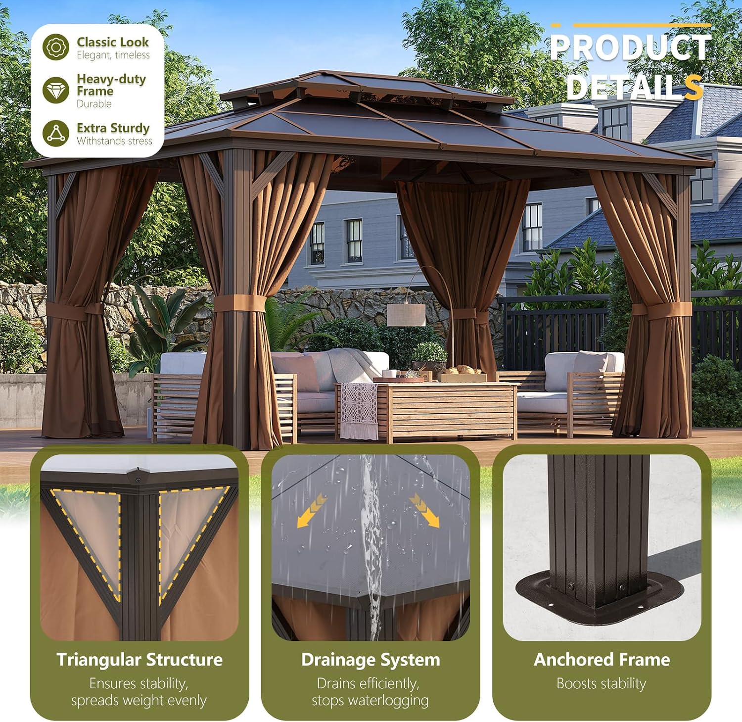 Essential for Courtyard Leisure: 10'x14' Brown Double - top Eaves Polycarbonate Sheet Pavilion, with Enclosure Fabric, Mesh Netting and Insect - Proof Net