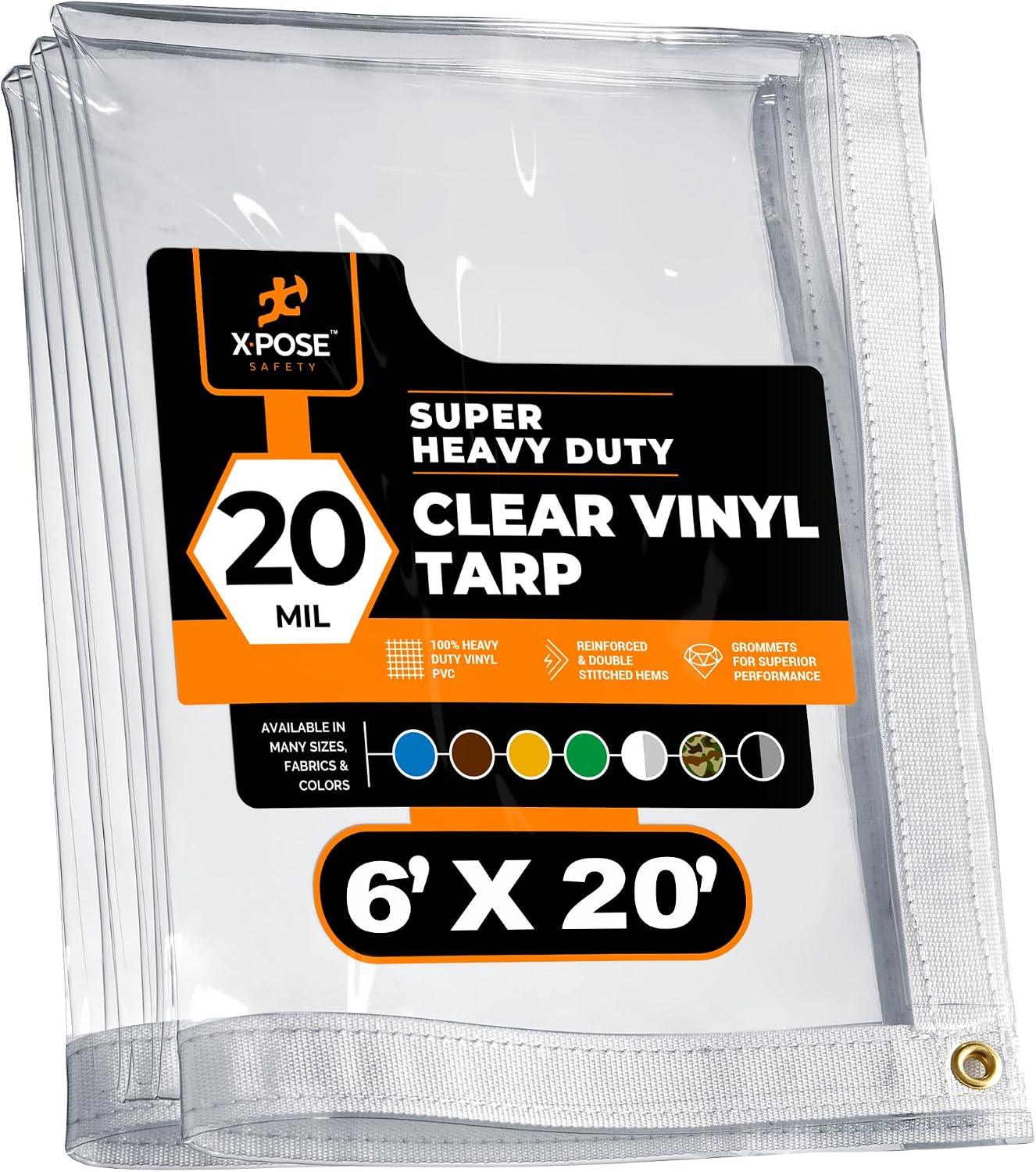 6' x 20' Clear Vinyl Tarp - Super Heavy Duty 20 Mil Transparent Waterproof PVC Tarpaulin with Brass Grommets - for Patio Enclosure, Camping, Outdoor Tent Cover, Porch Canopy - by Xpose Safety
