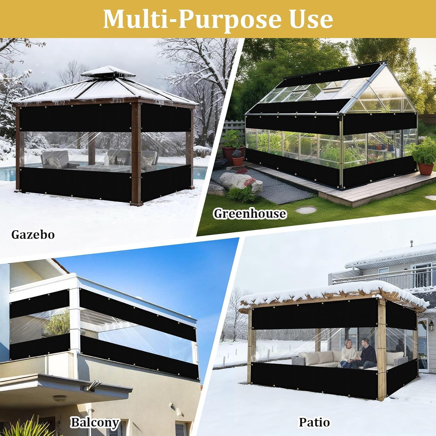 Shade&Beyond Outdoor Vinyl Curtain Customized Size, 7'W x 12'L Heavy-Duty Waterproof Clear Panel with Grommets, Privacy Clear Tarp UV-Resistant for Patio Enclosure Pergola Porch Gazebos, Black
