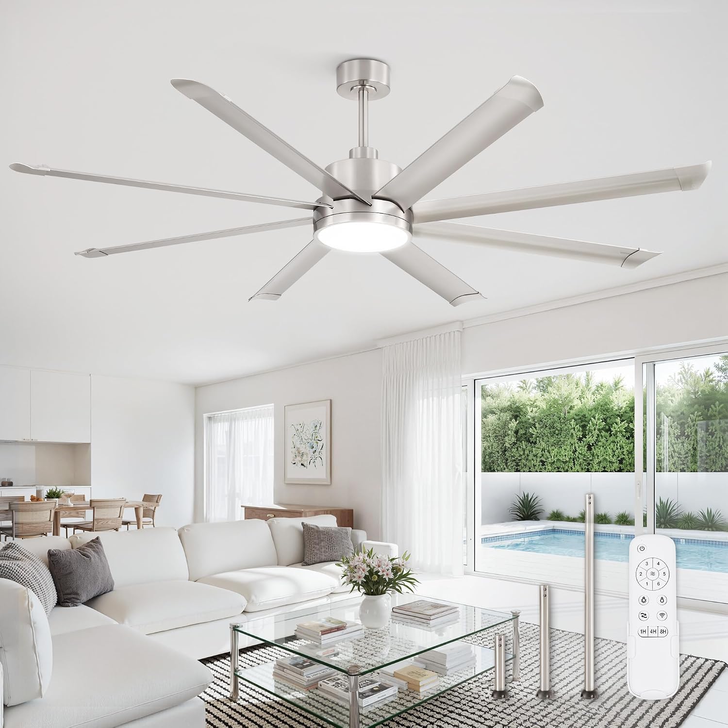 ZMISHIBO 72 Inch Ceiling Fans with Lights, Indoor/Outdoor Industrial Ceiling Fan with 8 Aluminum Reversible Blade, Quiet DC Motor, 3CCT&6-Speed Remote Control, Damp Rated for Living Room/Garage/Gazebo