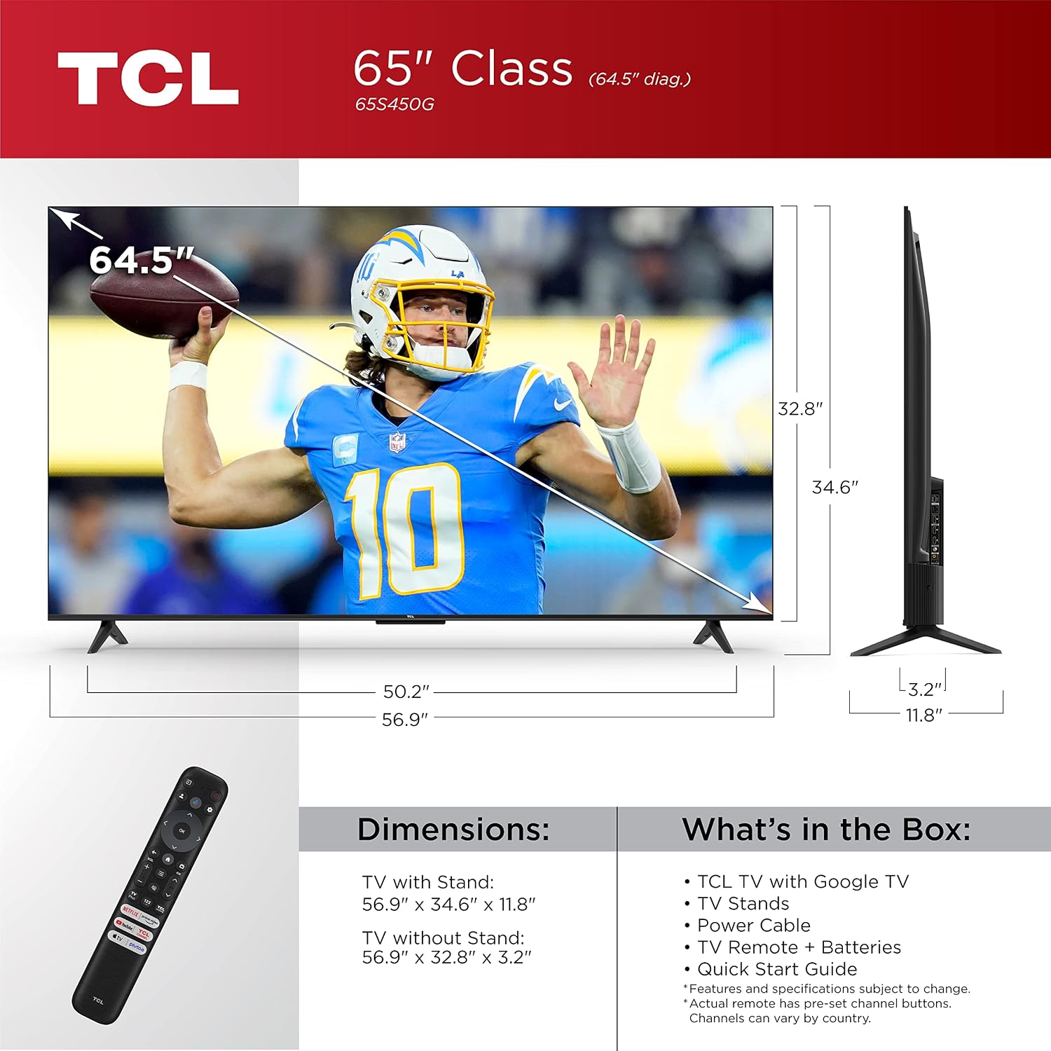 TCL 65-Inch Class S4 4K LED Smart TV with Google (65S450G, 2023 Model), Dolby Vision, HDR Pro, Atmos, Assistant Built-in Voice Remote, Works Alexa, Streaming UHD Television