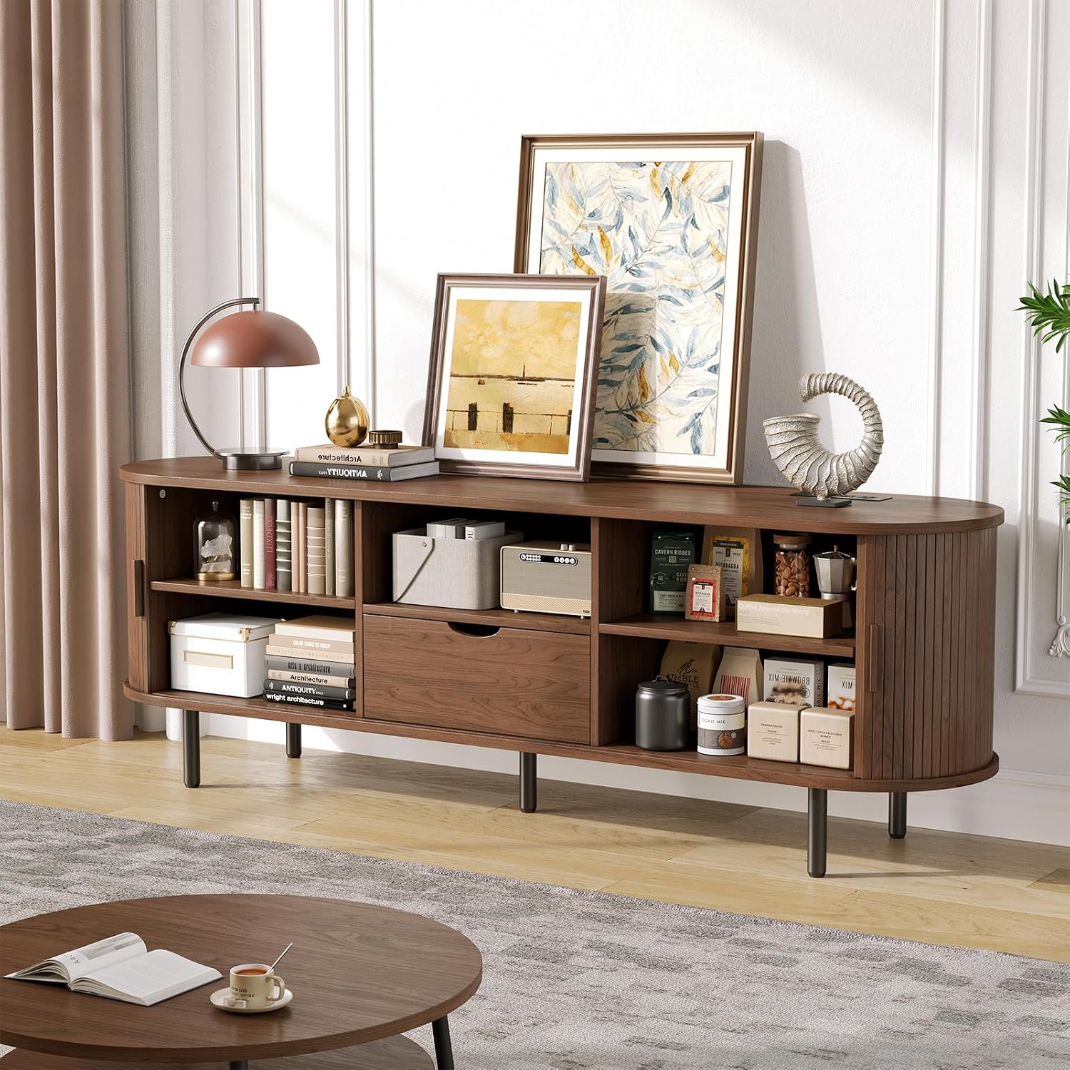 63' Mid-Century TV Stand with Power Outlet, Fluted Entertainment Center with Storage and Drawer, TV Console with Sliding Door and Adjustable Shelves, TV Stand up to 80' for Living Room, Walnut