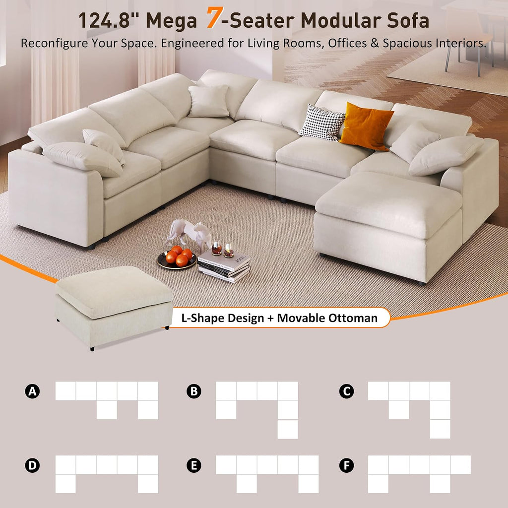LUMISOL 124.8' Sectional Sofa with Ottoman for Living Room, Oversized L Shaped Couch, Modular Combination Corner Sofa for Spacious Space Office Apartment, Beige
