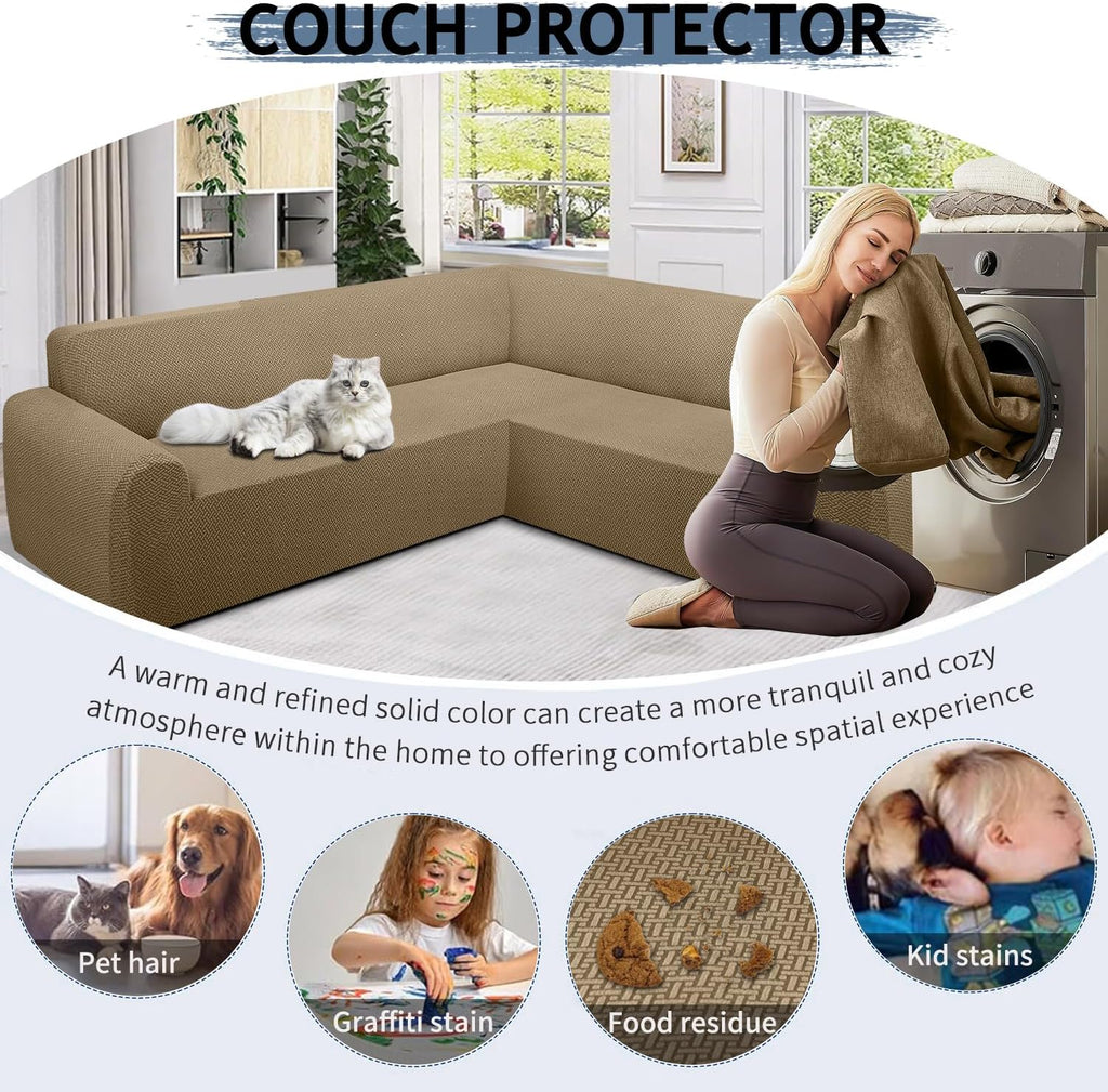 ALIECOM Stretch Corner Sectional Couch Covers L Shape Sofa Covers Washable Sectional Slipcovers U Shape Jacquard Living Room Pet Dogs Furniture Protector with Elastic Bottom (Camel, X-Large)