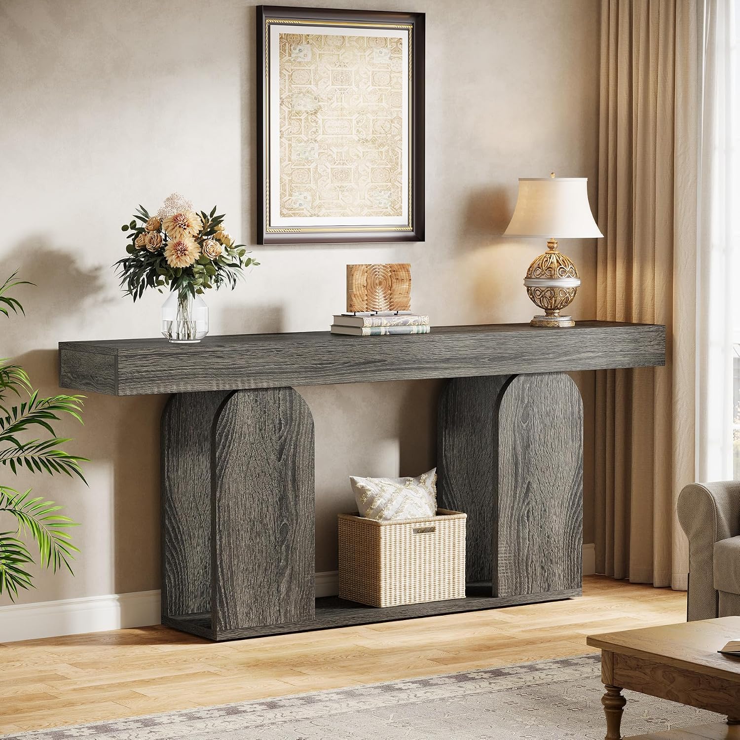 Tribesigns 70.9-Inch Extra Long Sofa Table, Farmhouse Console Tables with Wood Frame and Storage Shelf, 2-Tier Wood Table Behind Couch for Living Room, Hallway, Foyer, Light Brown (Dark Gray)