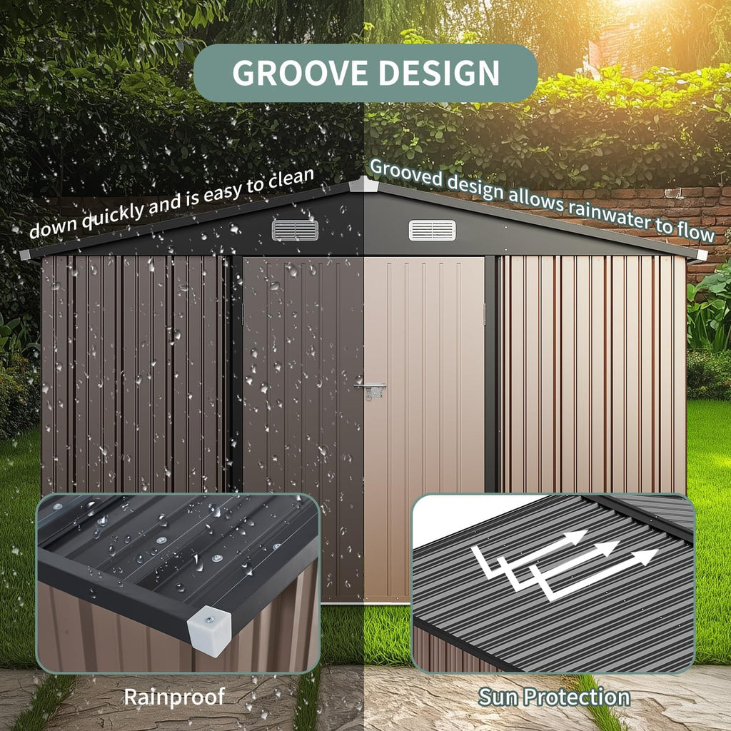 10'x10' Brown Metal Tool Shed (Without Base) Double-Door, Vent Windows,Garden, Patio, Lawn, Poolside
