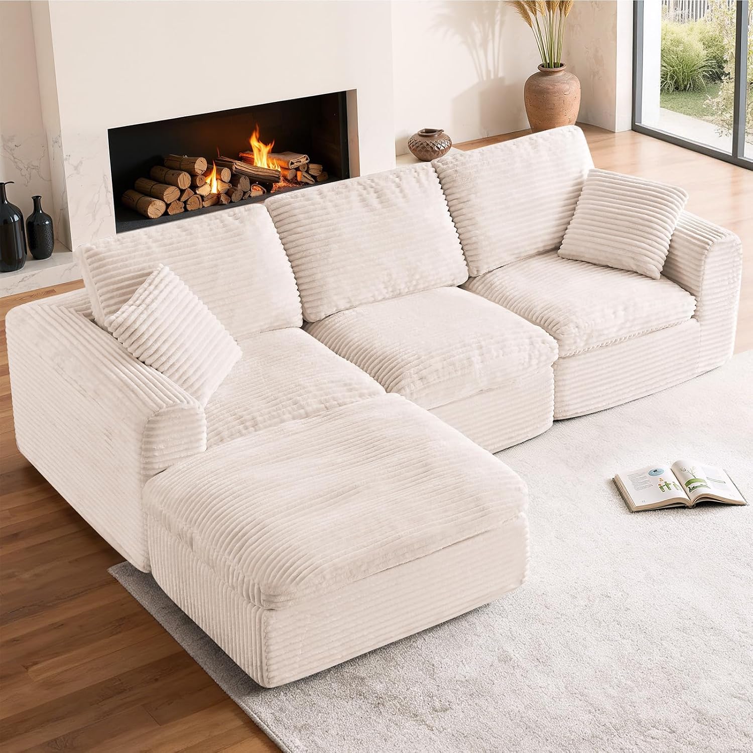 108' Modular Sectional Sofa Couches L Shaped Couch 3 Seater Cloud Sofa Memory Foam Sectional Couches for Living Room, Boneless Couch with Ottoman, Corduroy, Beige