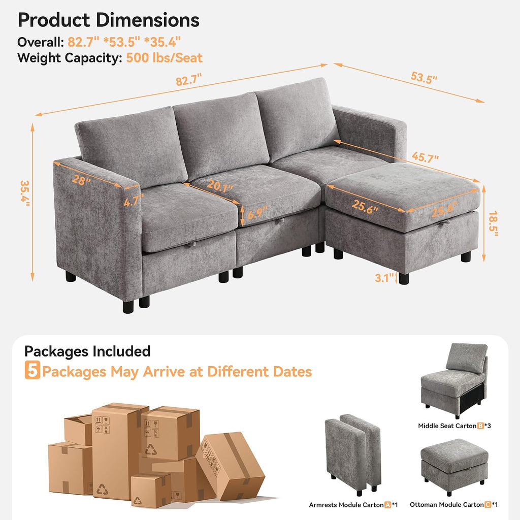 WUTUTUEE 83' Modular Sectional Sofa Convertible L Shaped Couch Set for Living Room, 4 Seat Storage Modular Sofa with Movable Ottoman, Chenille(Light Grey)