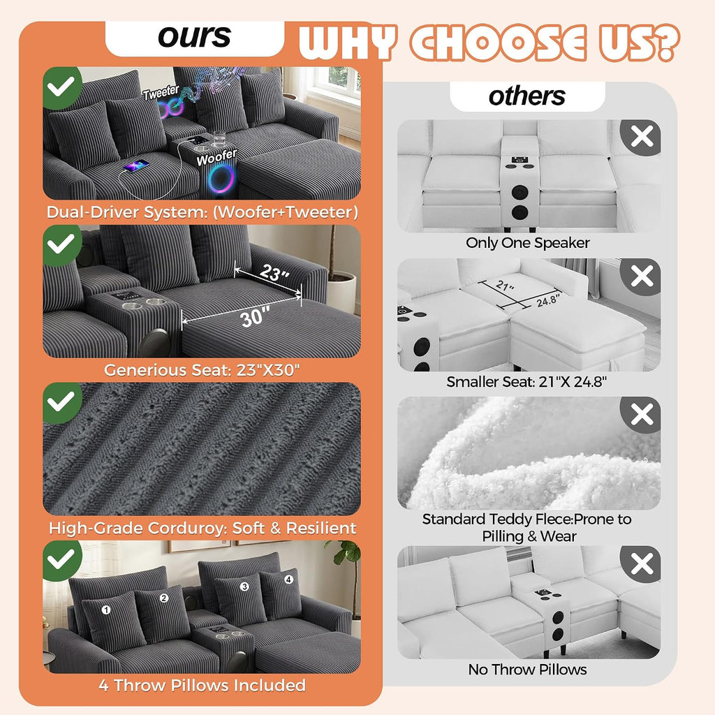 MAKIAAP 83' Corduroy Sectional Modular Couch with Speakers, Comfy Deep Seat Loveseat Sofa with Movable Ottoman, Console, USB Charger, Cup Holders, Storage for Living Room (Gray, 83in)