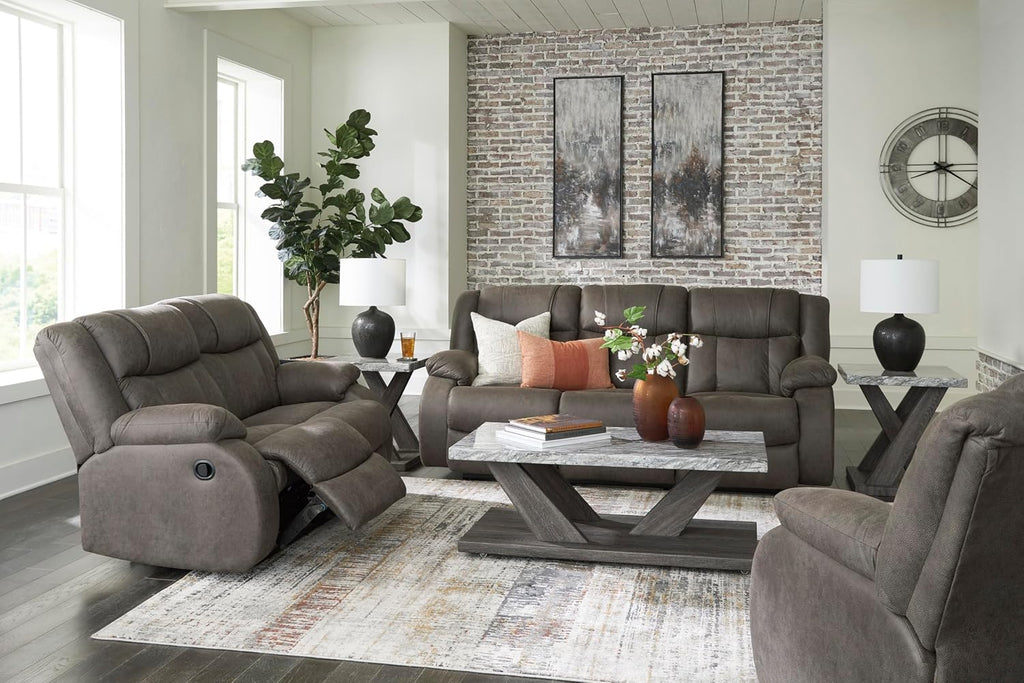 Signature Design by Ashley First Base Contemporary Faux Leather Manual Reclining Loveseat, Gray