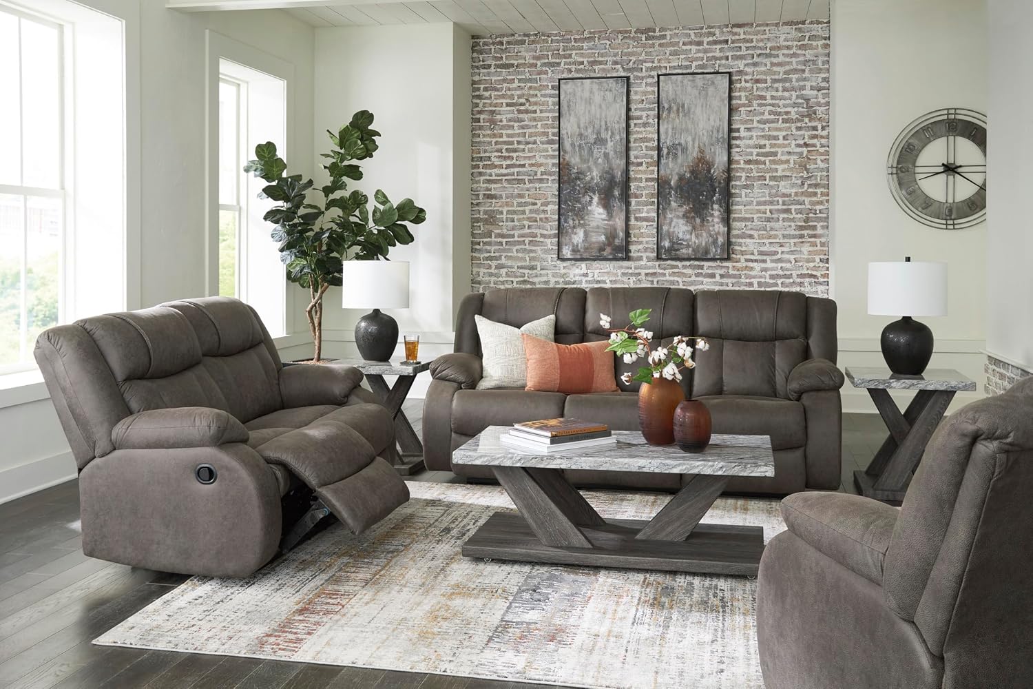Signature Design by Ashley First Base Contemporary Faux Leather Manual Reclining Loveseat, Gray