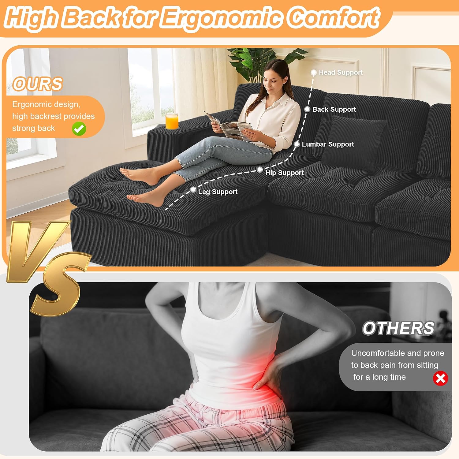 108' Modular Sectional Sofa, Cloud Sectional Couch with Deep Seat, Modern Modular L-Shape Sofa Couch with Chaise,Upholstered Couches for Living Room Bedroom (Matte Black)